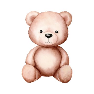 Beyaz arka planda izole edilmiş sevimli yumuşak kahverengi oyuncak ayı. Suluboya el çizimi çizimi. Tasarım, kartpostal, dekorasyon sanatı.