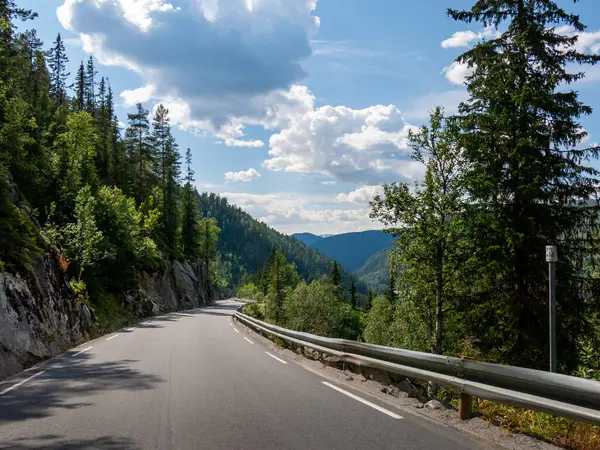 Uzakta sık ağaçlar ve dağlarla çevrili kıvrımlı bir yol manzarası. Pofuduk bulutlu parlak mavi gökyüzü huzurlu atmosferi yükseltir ve keşif yapmaya davet eder..