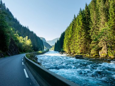 Norveç 'te yemyeşil ağaçlar ve dağlarla çevrili düz bir yol boyunca akan bir nehir, açık bir günde doğanın sükunetini ve güzelliğini gözler önüne seriyor..