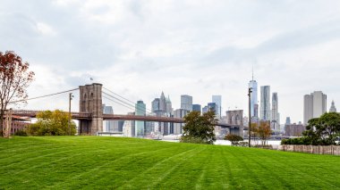Brooklyn Köprüsü, bulutlu bir günde yeşil bir parktan izlenen arka planda Manhattan silueti ile su boyunca uzanır..