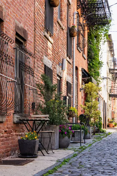 Renkli çiçekler ve saksı bitkileri Hoboken, New Jersey 'de kırmızı tuğla binalar ve işlenmiş demir balkonlarla kaplı bir kaldırım taşından sokak dekore ederler..