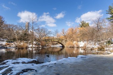 Central Park 'ta güzel bir gölet ve Gapstow Köprüsü sergileniyor. Taştan bir köprü, güneşli bir günde, Şubat 2025' te mavi gökyüzü ile çevrili..