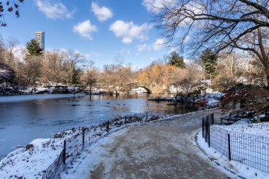 Donmuş bir göl, Central Park 'taki Gapstow Köprüsü' nün yanındaki kış gökyüzünü yansıtırken, kar toprağı kaplıyor ve Şubat 2025 'te Manhattan' ın dingin güzelliğini ekliyor..