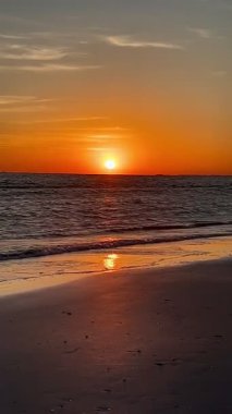Güneş Fort Myers Sahili 'nde batıyor, parlak bir altın-turuncu parıltı yayıyor. Yumuşak dalgalar kuma çarpar, sakin ve nefes kesici bir kıyı anı yaratır..
