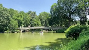 New York City, New York, New York, ABD, 25 Temmuz 2025, göldeki kayıklar, New York 'taki tarihi Bow Köprüsü' nün altından geçiyor, parlak bir yaz günü bereketli ağaçlarla çevrili. Yazı. 