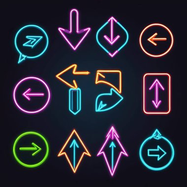 Satır okunu imleç, ok, pusula ve ile ayarla. Parlayan neon ikonu. vektör