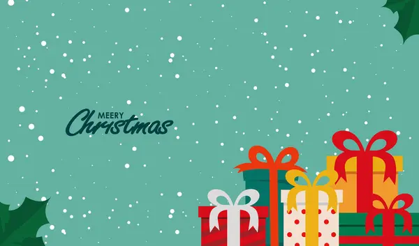 Arkaplanda hediyeler ve kar taneleri var. yeni yıl vektör illüstrasyonu