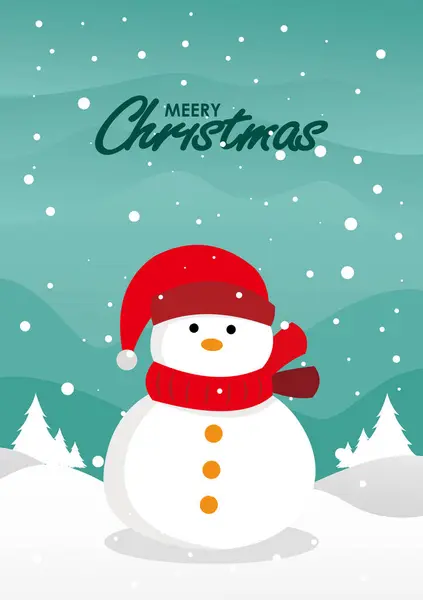 Noel ağacı ve kardan adam vektör illüstrasyonlu Noel tebrik kartı.