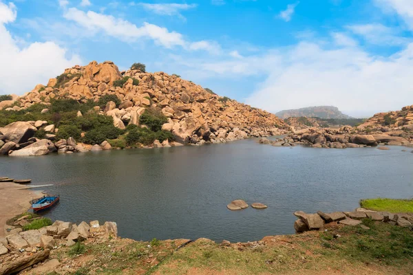 stock image Aerial view of Tungabhadra river with surrounding hilly landscape at Hampi