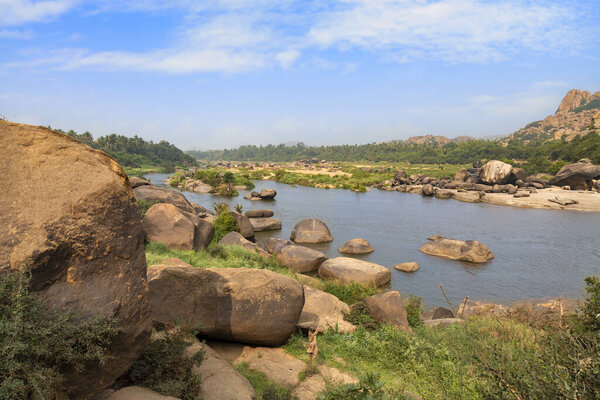 Tugabhadra river with scenic landscape at Hampi Karnataka