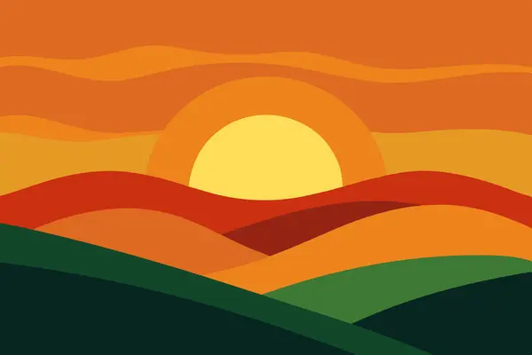 Yuvarlanan tepelerin üzerinde sakin bir günbatımı tasvir eden doğadan esinlenilmiş güzel bir vektör çizimi, ekran arkaplanları ve baskılar için ideal. Bu dekoratif tasarım, dijital ve fiziksel kullanım için huzur verici manzaralar yakalar..