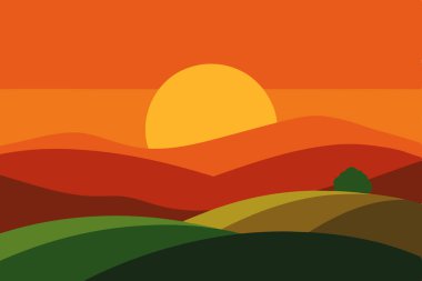 Yuvarlanan tepelerin üzerinde sakin bir günbatımı tasvir eden doğadan esinlenilmiş güzel bir vektör çizimi, ekran arkaplanları ve baskılar için ideal. Bu dekoratif tasarım, dijital ve fiziksel kullanım için huzur verici manzaralar yakalar..