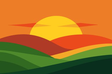 Beautiful nature-inspired vector artwork depicting a serene sunset over rolling hills, ideal for screen backgrounds and prints. This decorative design captures peaceful, calming landscapes for digital and physical use. clipart