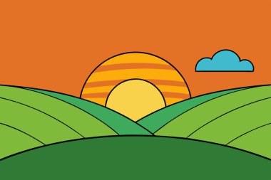 Beautiful nature-inspired vector artwork depicting a serene sunset over rolling hills, ideal for screen backgrounds and prints. This decorative design captures peaceful, calming landscapes for digital and physical use. clipart