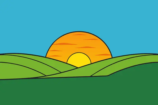 Yuvarlanan tepelerin üzerinde sakin bir günbatımı tasvir eden doğadan esinlenilmiş güzel bir vektör çizimi, ekran arkaplanları ve baskılar için ideal. Bu dekoratif tasarım, dijital ve fiziksel kullanım için huzur verici manzaralar yakalar..