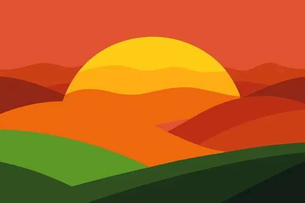 Yuvarlanan tepelerin üzerinde sakin bir günbatımı tasvir eden doğadan esinlenilmiş güzel bir vektör çizimi, ekran arkaplanları ve baskılar için ideal. Bu dekoratif tasarım, dijital ve fiziksel kullanım için huzur verici manzaralar yakalar..