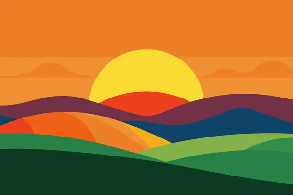Yuvarlanan tepelerin üzerinde sakin bir günbatımı tasvir eden doğadan esinlenilmiş güzel bir vektör çizimi, ekran arkaplanları ve baskılar için ideal. Bu dekoratif tasarım, dijital ve fiziksel kullanım için huzur verici manzaralar yakalar..