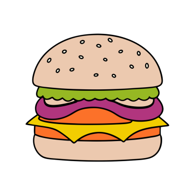 Bir burger ikonunun modern vektör çizimi, restoran markalaşması, fast food menüleri veya dijital tasarımlar için mükemmel. Bu grafik sembol basit, temiz ve çekici bir fast food temasını gösteriyor.