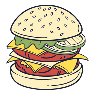 Bir burger ikonunun modern vektör çizimi, restoran markalaşması, fast food menüleri veya dijital tasarımlar için mükemmel. Bu grafik sembol basit, temiz ve çekici bir fast food temasını gösteriyor.