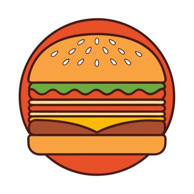 Bir burger ikonunun modern vektör çizimi, restoran markalaşması, fast food menüleri veya dijital tasarımlar için mükemmel. Bu grafik sembol basit, temiz ve çekici bir fast food temasını gösteriyor.