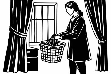 Pencere kenarındaki Çamaşır Sepetine Elbise Koyan Kadın