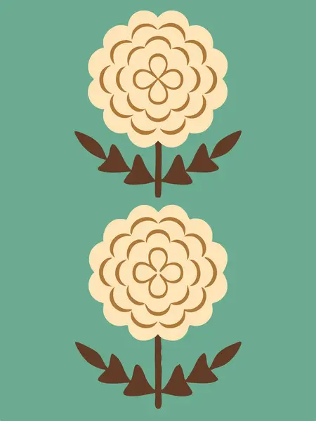 İki stilize krem rengi çiçek, kahverengi sapları ve yaprakları var.