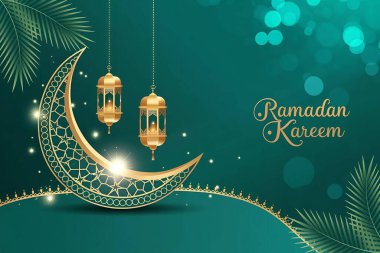 Altın Hilal ve Fenerli Ramazan Kareem tebrik kartı. Vektör İllüstrasyonu