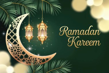Ramazan Kareem tebrik kartı, içinde altın fenerler ve hilal var. Vektör illüstrasyonu