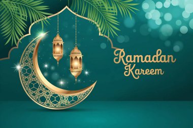 Altın Fenerler ve Palm Leaf ile Ramazan Kareem tebrik kartı. Vektör İllüstrasyonu