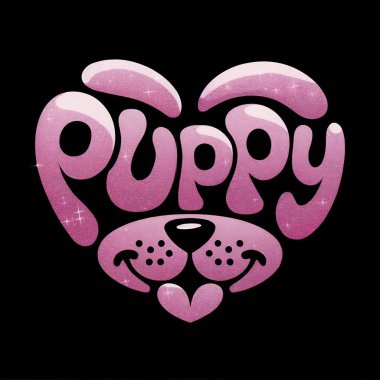 Çekici bir grafikte kalp tasarımı içine yerleştirilmiş, parlak parıltı ve parlak siyah arka planla güçlendirilmiş sevimli pembe bir köpek yavrusu yer alıyor. Bu göz alıcı illüstrasyon aşk, evcil hayvan sevgisi temalarını aktarmak için mükemmeldir.