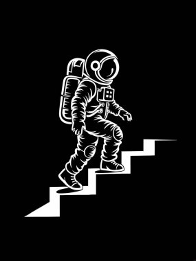 Çarpıcı bir siyah beyaz çizim, başarı ve başarının güçlü bir sembolü olan merdivenleri kararlı bir şekilde tırmanan bir astronotu tasvir eder. Bu vektör grafiği uzay giysisi ve miğferinde parlak bir uzay kaşifinin silüetini gösteriyor.