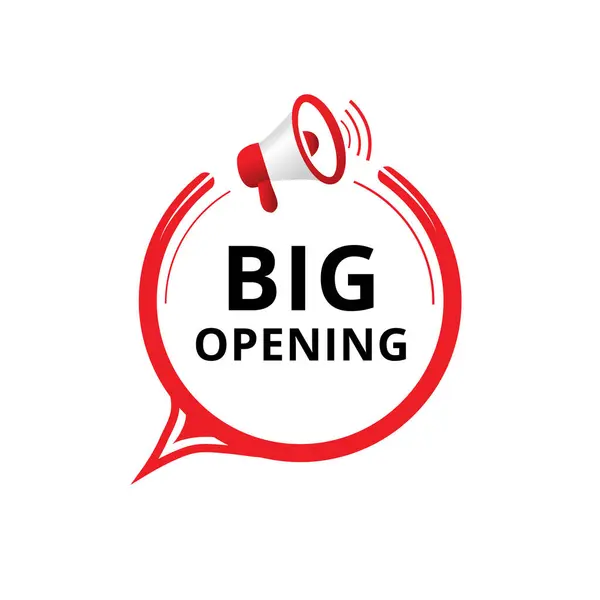 Büyük açılış afişi, megafon şablonlu modern konuşma balonu ikonu tasarımı.
