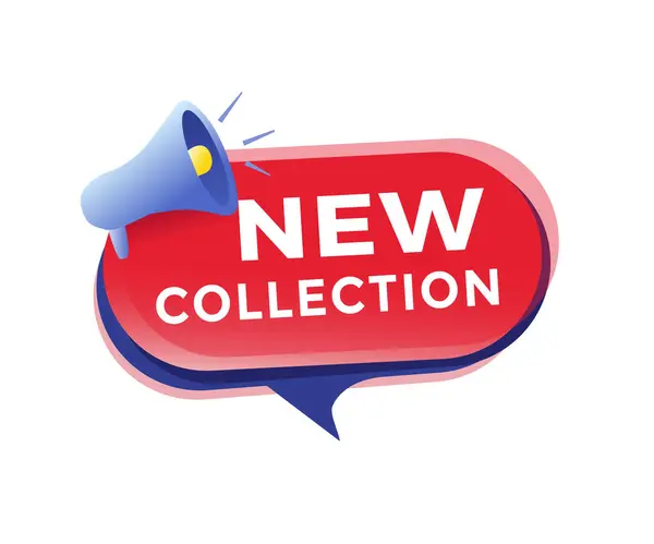 Yeni koleksiyon pankartı ögesi, megafon düz stili konuşma balonu simgesi