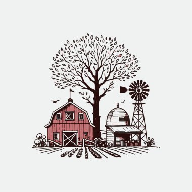 El yapımı Vintage Farm Scene with Tree - Klasik Eskiz Biçimi