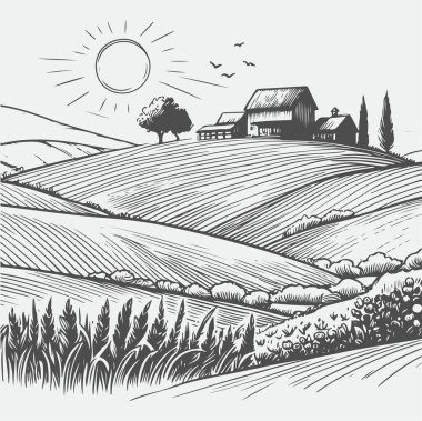 Klasik Çiftlik Peyzajı - El Çizimi Çizimi Sanatı