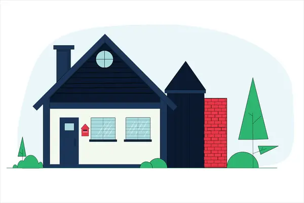 Köy evi düz vektör çizimi Ağaçlar ve çalılar.