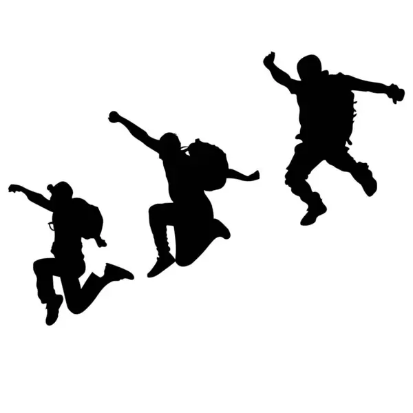 Sırt çantası vektör siluetiyle atlayan Hiker grubu.