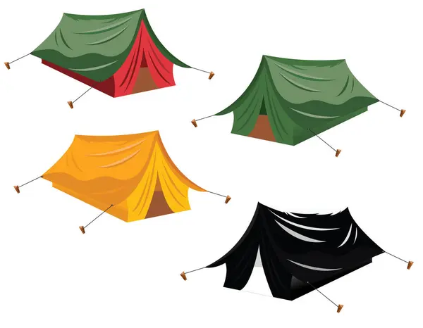 Beyaz arka planda izole edilmiş farklı renkli çadırlar koleksiyonu. Yürüyüş için çadırlar, dağcılık, macera seyahati, dinlenme. Düz çizgi film vektör çizimi.