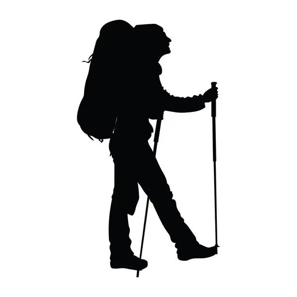 Sırt çantalı Hiker 'in silueti ve dağ, yolculuk ve yolculukta macera için yürüyüş direkleri. İzole edilmiş arkaplanda çizgi film biçimi vektör illüstrasyonu.