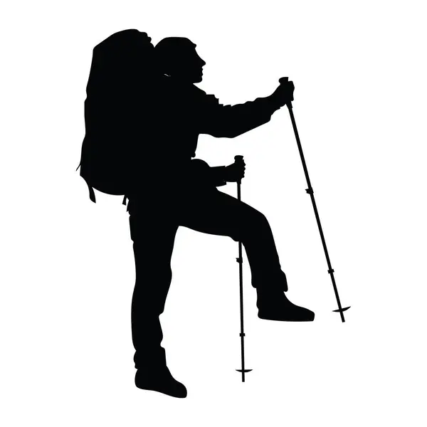 Sırt çantalı Hiker 'in silueti ve dağ, yolculuk ve yolculukta macera için yürüyüş direkleri. İzole edilmiş arkaplanda çizgi film biçimi vektör illüstrasyonu.