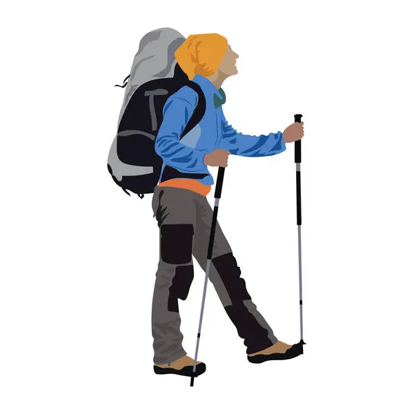 Sırt çantalı gezgin ve yürüyüş direkleriyle dağ, yolculuk ve yolculuk maceraları için. İzole edilmiş arkaplanda çizgi film biçimi vektör illüstrasyonu.