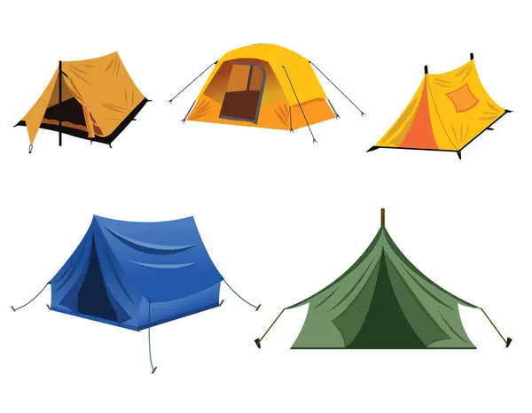 Beyaz arkaplanda izole edilmiş çeşitli çadırlar koleksiyonu. Yürüyüş için çadırlar, dağcılık, macera seyahati, dinlenme. Düz çizgi film vektör çizimi.