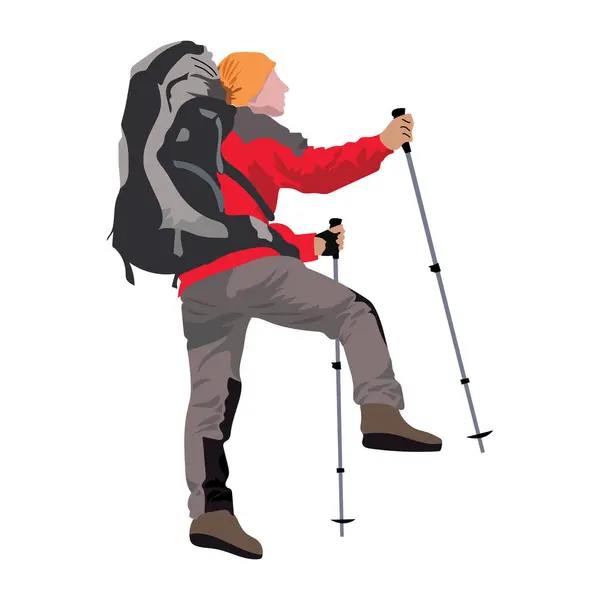 Sırt çantalı gezgin ve yürüyüş direkleriyle dağ, yolculuk ve yolculuk maceraları için. İzole edilmiş arkaplanda çizgi film biçimi vektör illüstrasyonu.