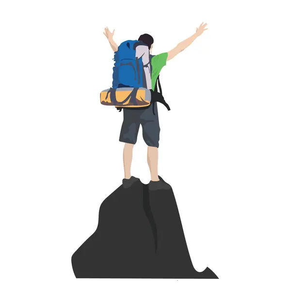 Macera için sırt çantalı bir yürüyüşçü dağın tepesinde duruyor. İzole edilmiş arkaplanda çizgi film biçimi vektör illüstrasyonu.
