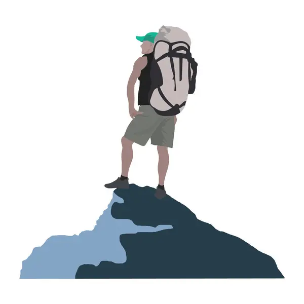 Macera için sırt çantalı bir yürüyüşçü dağın tepesinde duruyor. İzole edilmiş arkaplanda çizgi film biçimi vektör illüstrasyonu.