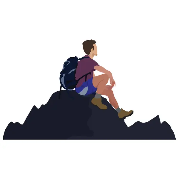 Macera olsun diye sırt çantalı bir yürüyüşçü dağın tepesinde oturuyor. İzole edilmiş arkaplanda çizgi film biçimi vektör illüstrasyonu.