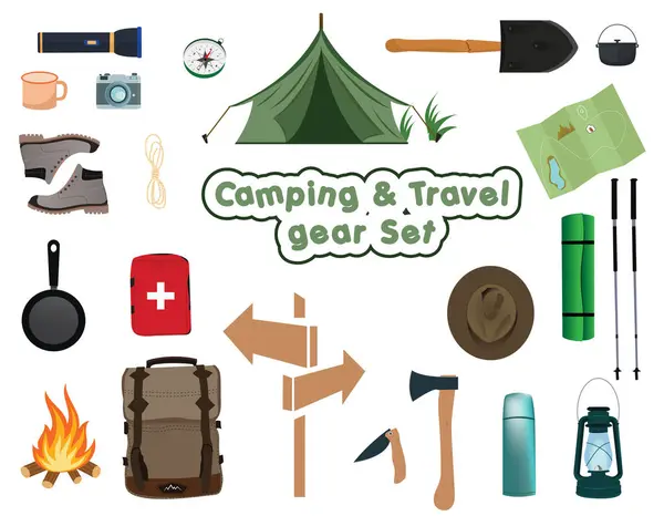 Kamp ve seyahat ekipmanları beyaz arka planda izole edilmiş bir vektör belirledi. Düz vektör illüstrasyonu