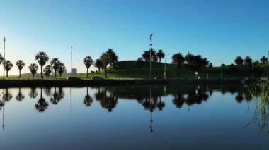 Montevideo 'daki bir park göletinin durgun yüzeyinde palmiye ağaçları ve çimenli tepelerin yansımasını gösteren sakin bir sahne. Görüntü, berrak mavi gökyüzünü ve yemyeşil serinliği yakalar.