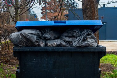 The trash can on the street is overflowing to the brim, junk sticks out, and garbage is scattered on the sidewalk clipart