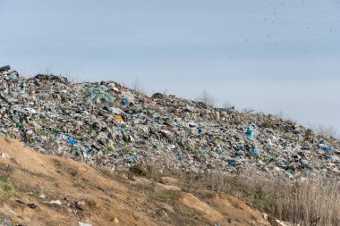 Kirlilik ve ekolojik sorunları vurgulayan, soluk gökyüzü altında dağınık çöp ve atık dolu büyük bir çöp sahası.